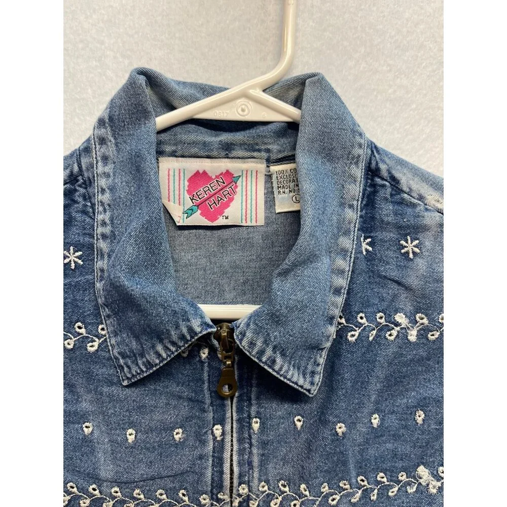 Keren Hart Vintage Denim Vest Embroidered Full Zip Size Large - Picture 3 of 9